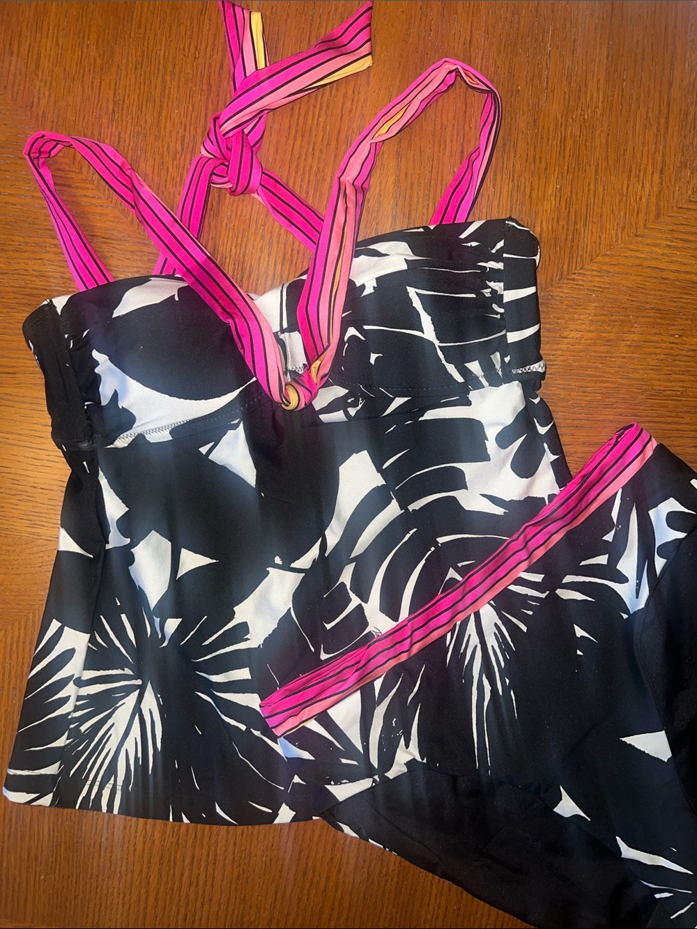 Trina Turk Black and White Floral Bikini with Pink Straps